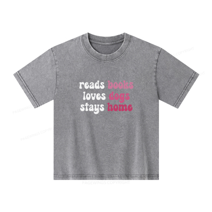 Pagewings Read Books & Lovs Dogs & Stay Home Unisex Kids Washed T-shirt