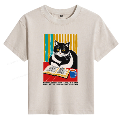 Pagewings Ational Library Week Cat Poster Women's Washed T-shirt