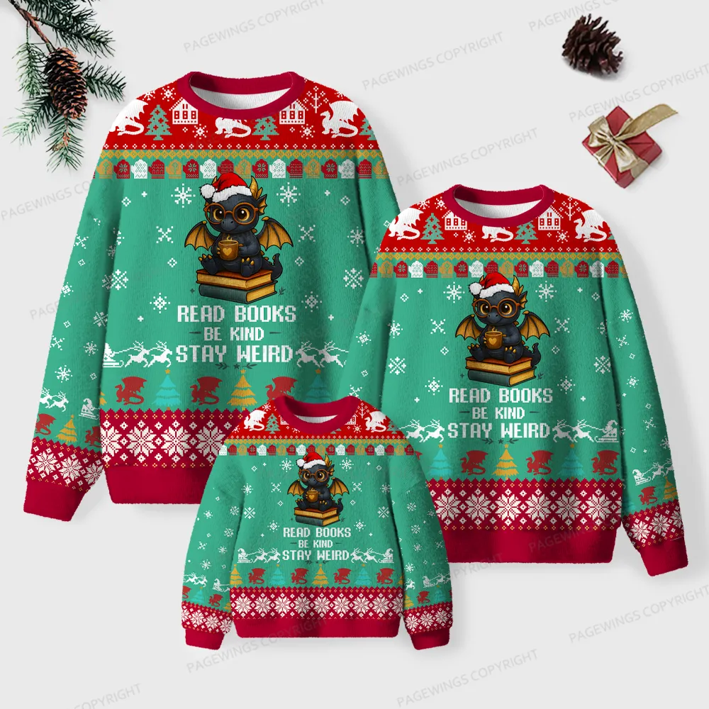 Pagewings Read Books Be Kind Stay Weird Unisex Ugly Knit Sweatshirt
