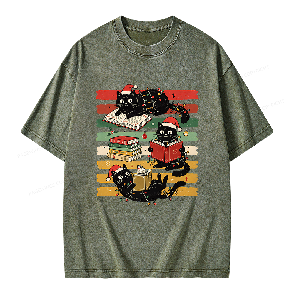 Pagewings Bookish Cat Christmas Unisex Washed T-shirt
