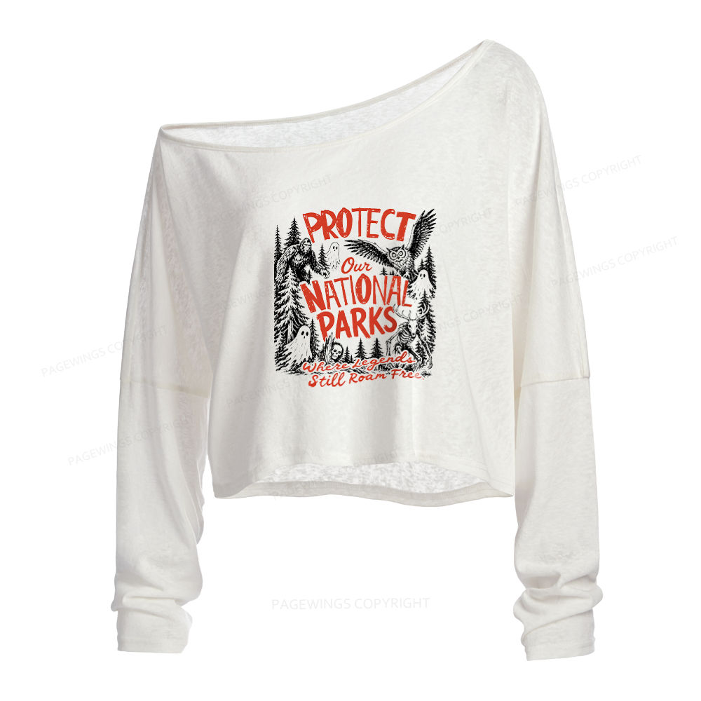 Pagewings Protect National Parks Slouchy Long Sleeve Off Shoulder T-shirt