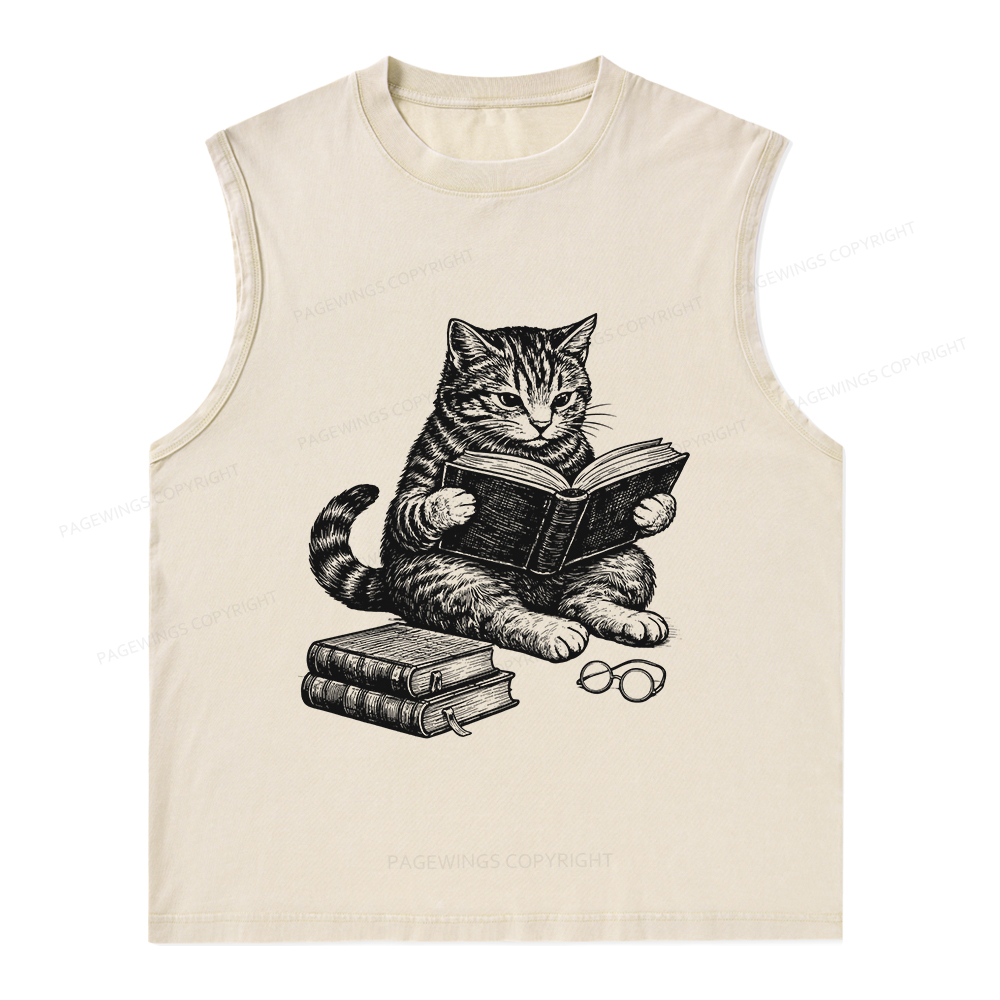 Pagewings Cat Reading Book Unisex Washed Tank Top