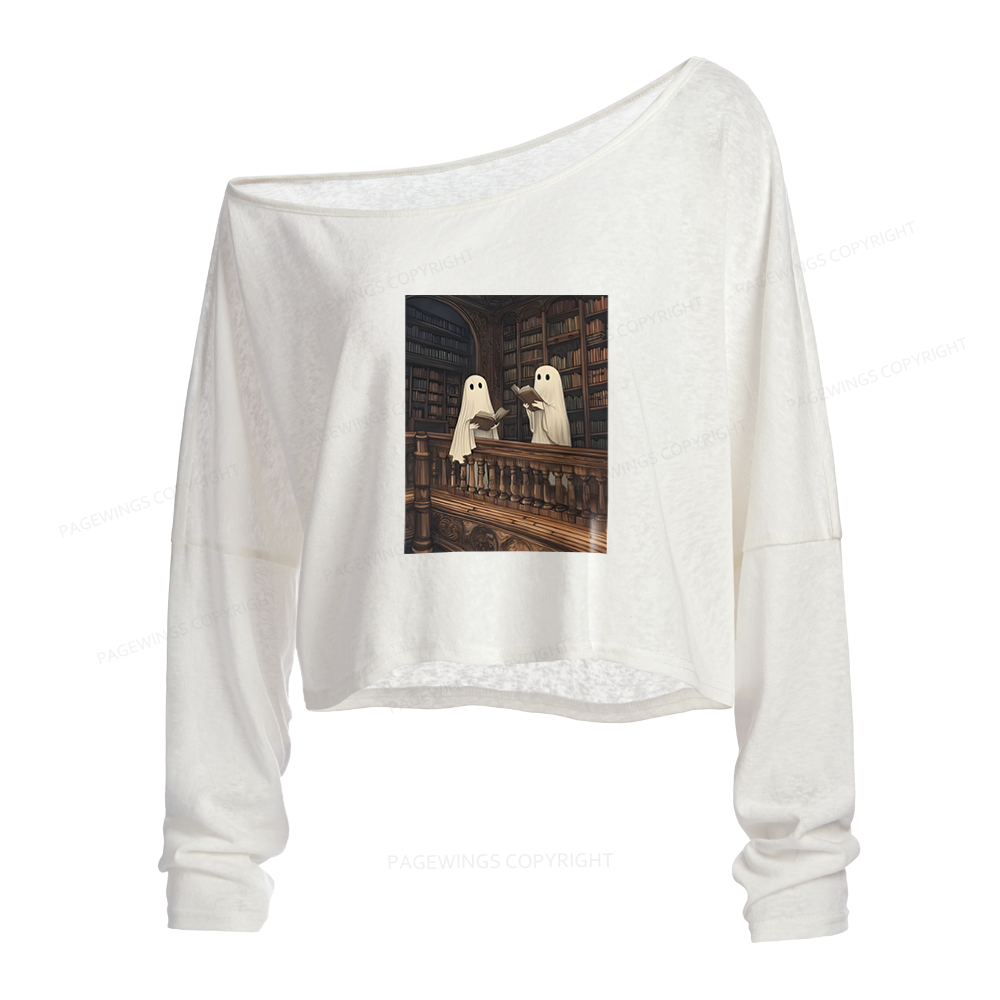Pagewings Halloween Ghost Reading Slouchy Long Sleeve Off Shoulder T-shirt