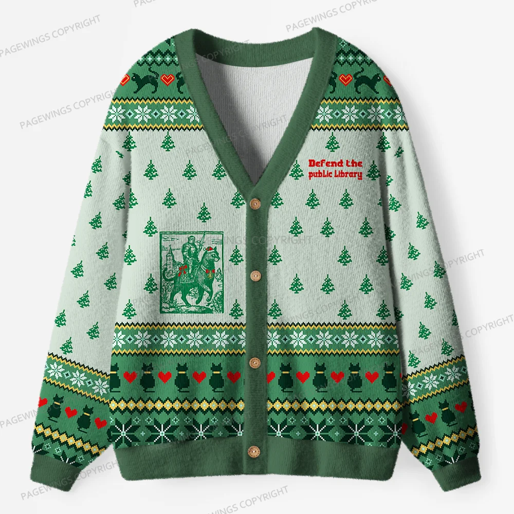 Pagewings Defend The Public Library Unisex Ugly Cardigan Sweaters