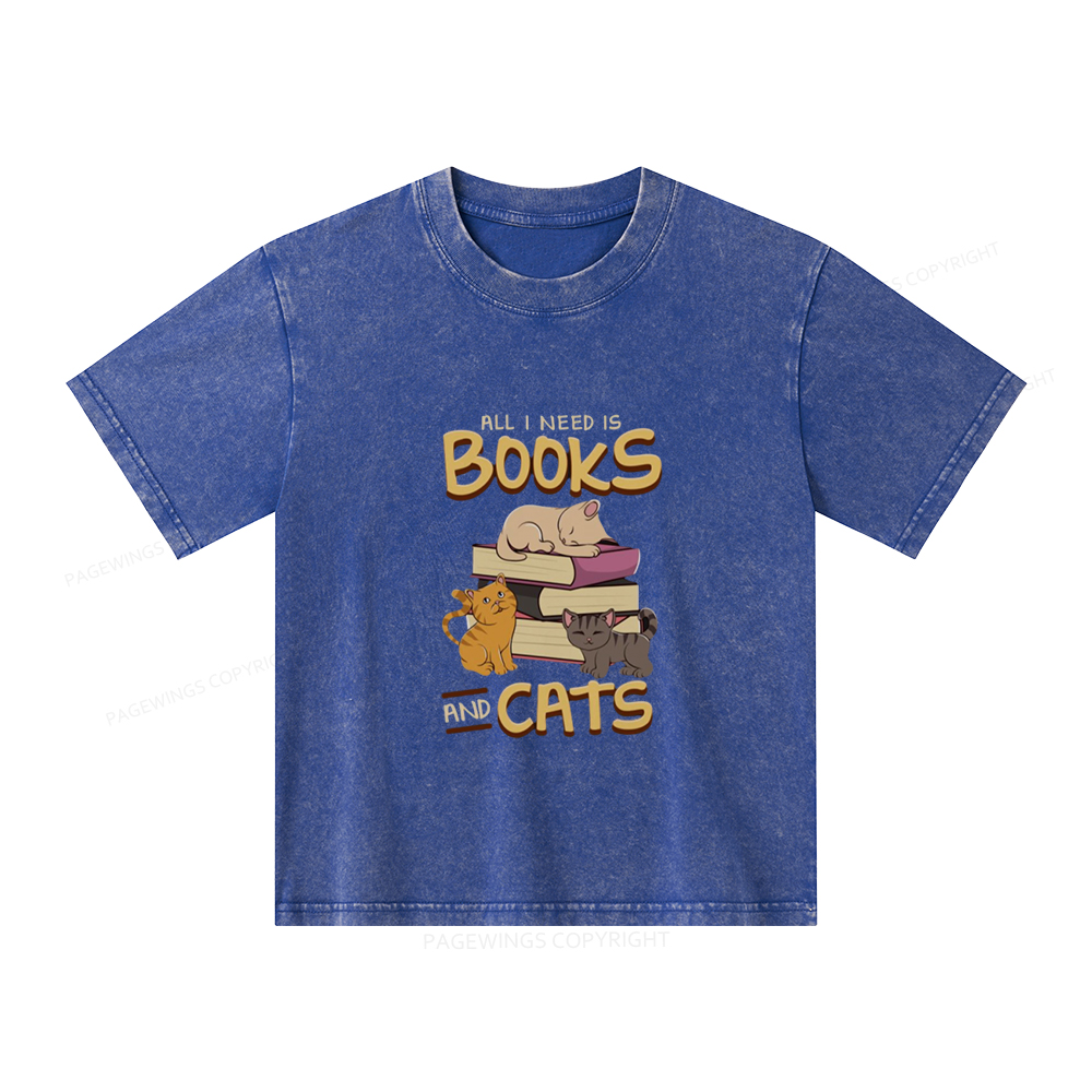 Pagewings All I Need Is Books And Cats Unisex Kids Washed T-shirt