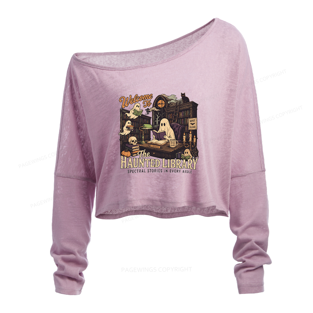 Pagewings Haunted Library Slouchy Long Sleeve Off Shoulder T-shirt