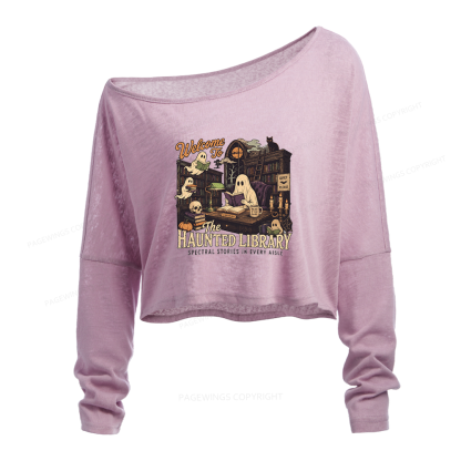 Pagewings Haunted Library Slouchy Long Sleeve Off Shoulder T-shirt