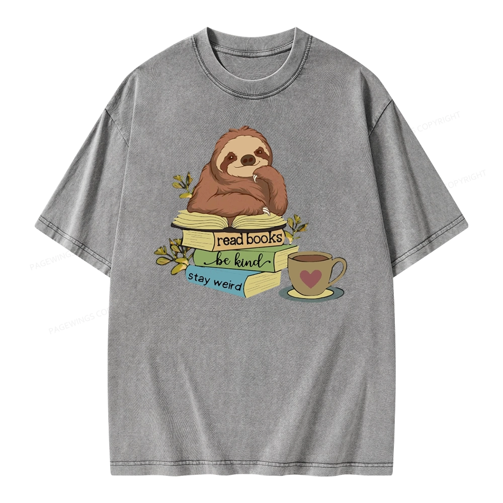 Pagewings Sloth Reading Unisex Washed T-shirt