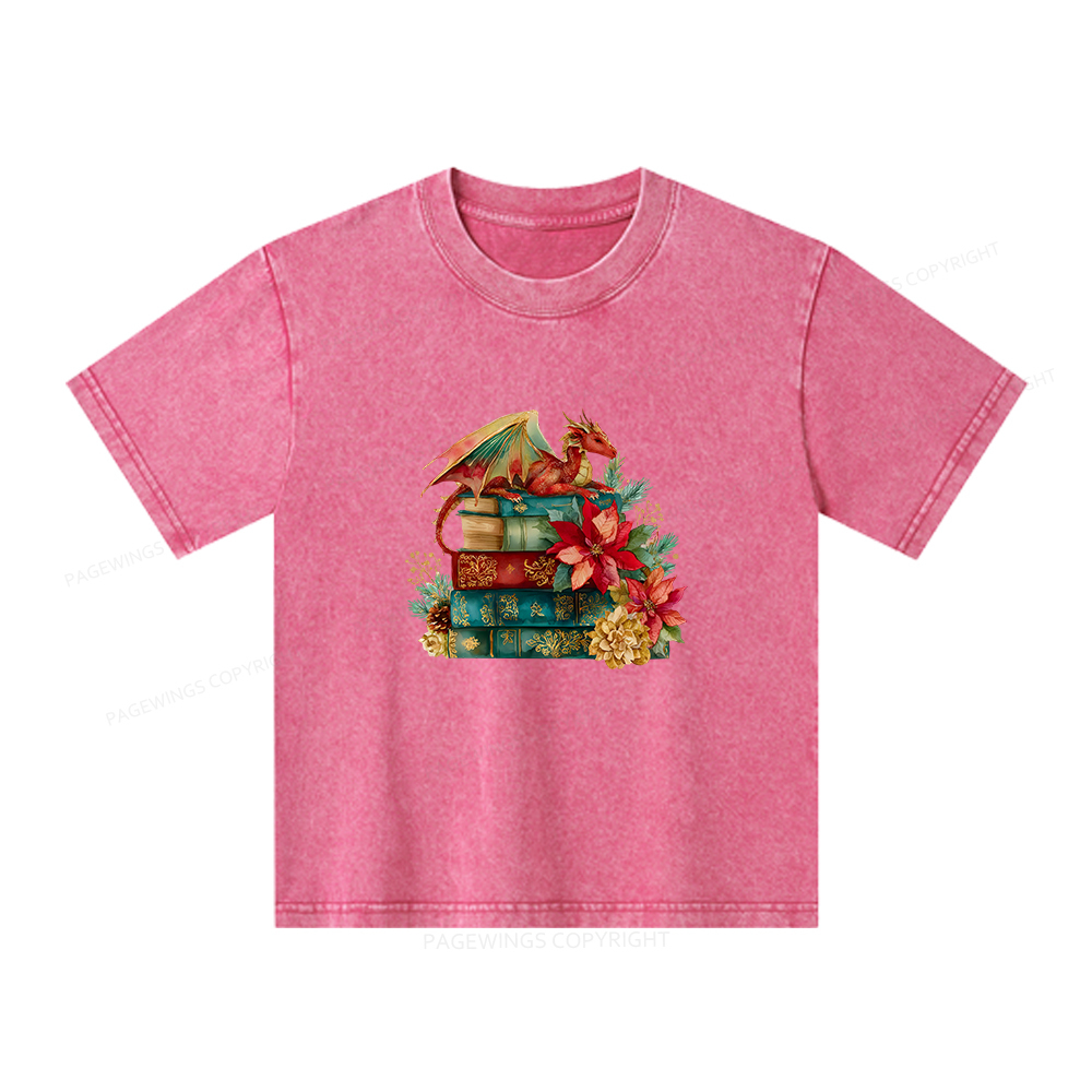 Pagewings Christmas Book Dragon Unisex Kids Washed T-shirt