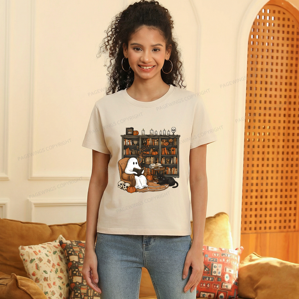 Pagewings Halloween Ghost Reading Books Women's Washed T-shirt