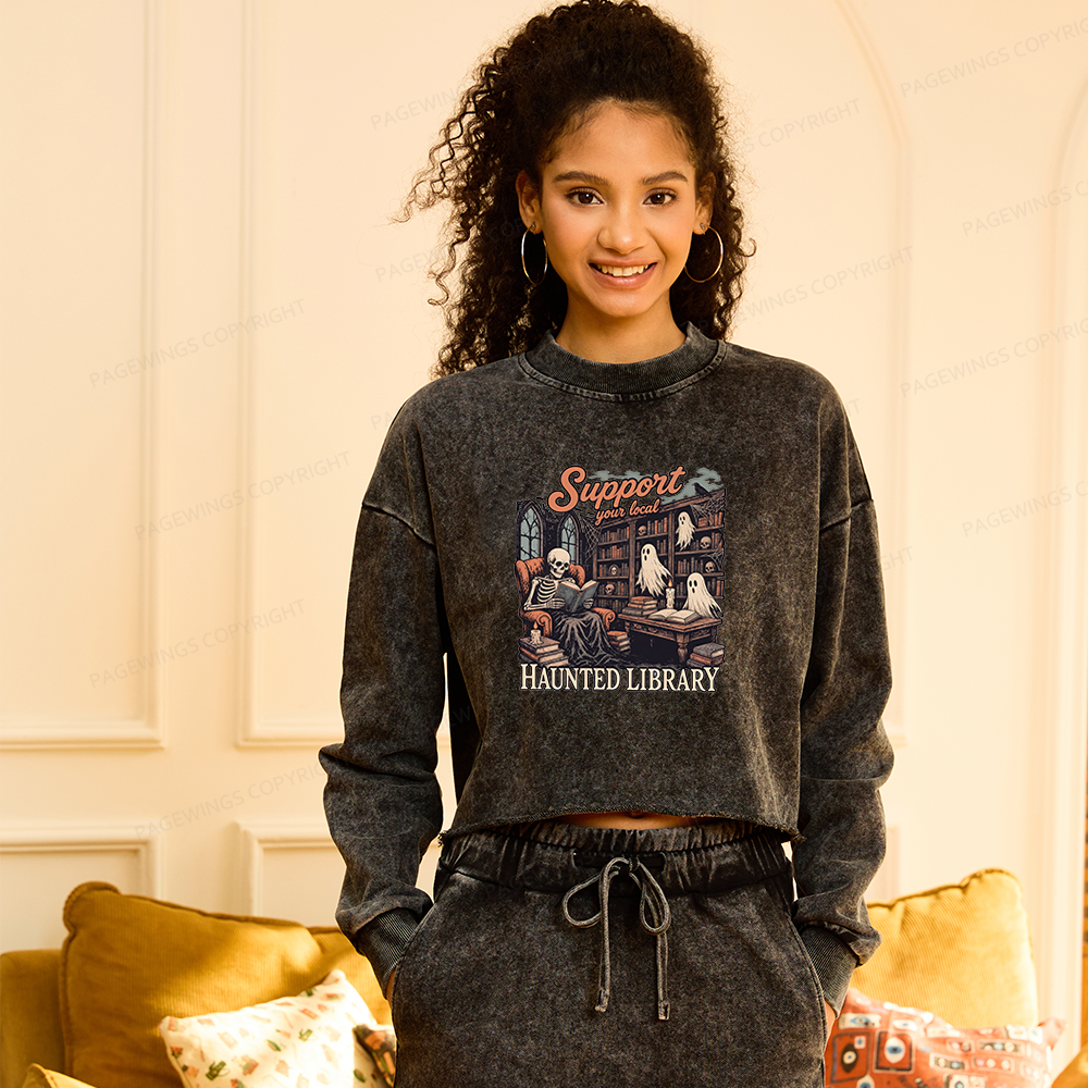 Pagewings Support Your Local Haunted Library Washed Crop Sweatshirt