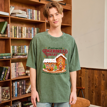 Pagewings Gingerbread Library Christmas Unisex Washed T-shirt