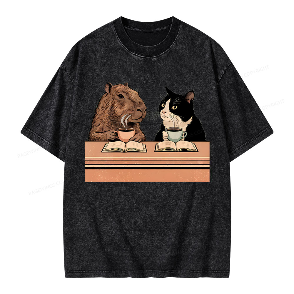 Pagewings Capybara and Tuxedo Cat Chilling with Coffee Unisex Washed T-shirt