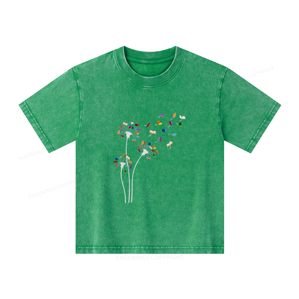 Pagewings Cute Dandelion Books Flower Fly Unisex Kids Washed T-shirt