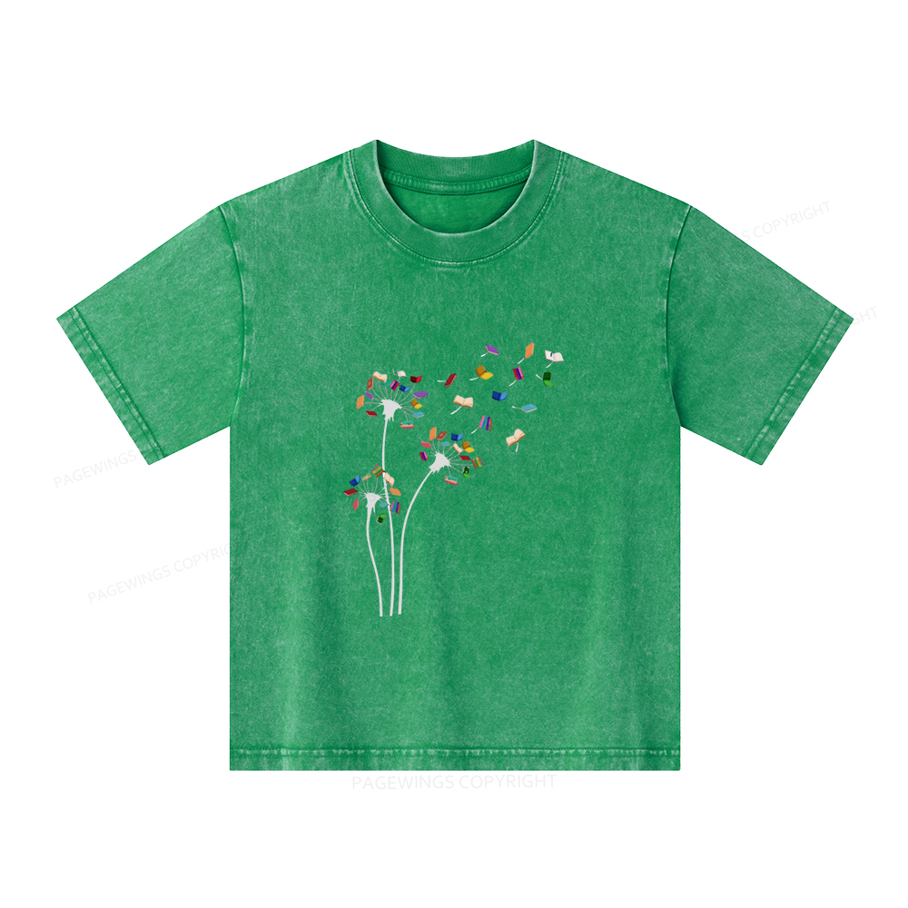 Pagewings Cute Dandelion Books Flower Fly Unisex Kids Washed T-shirt