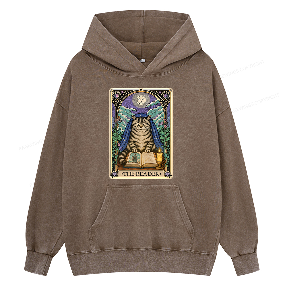 Pagewings The Reader Cat Tarot Cards Unisex Washed Hoodie