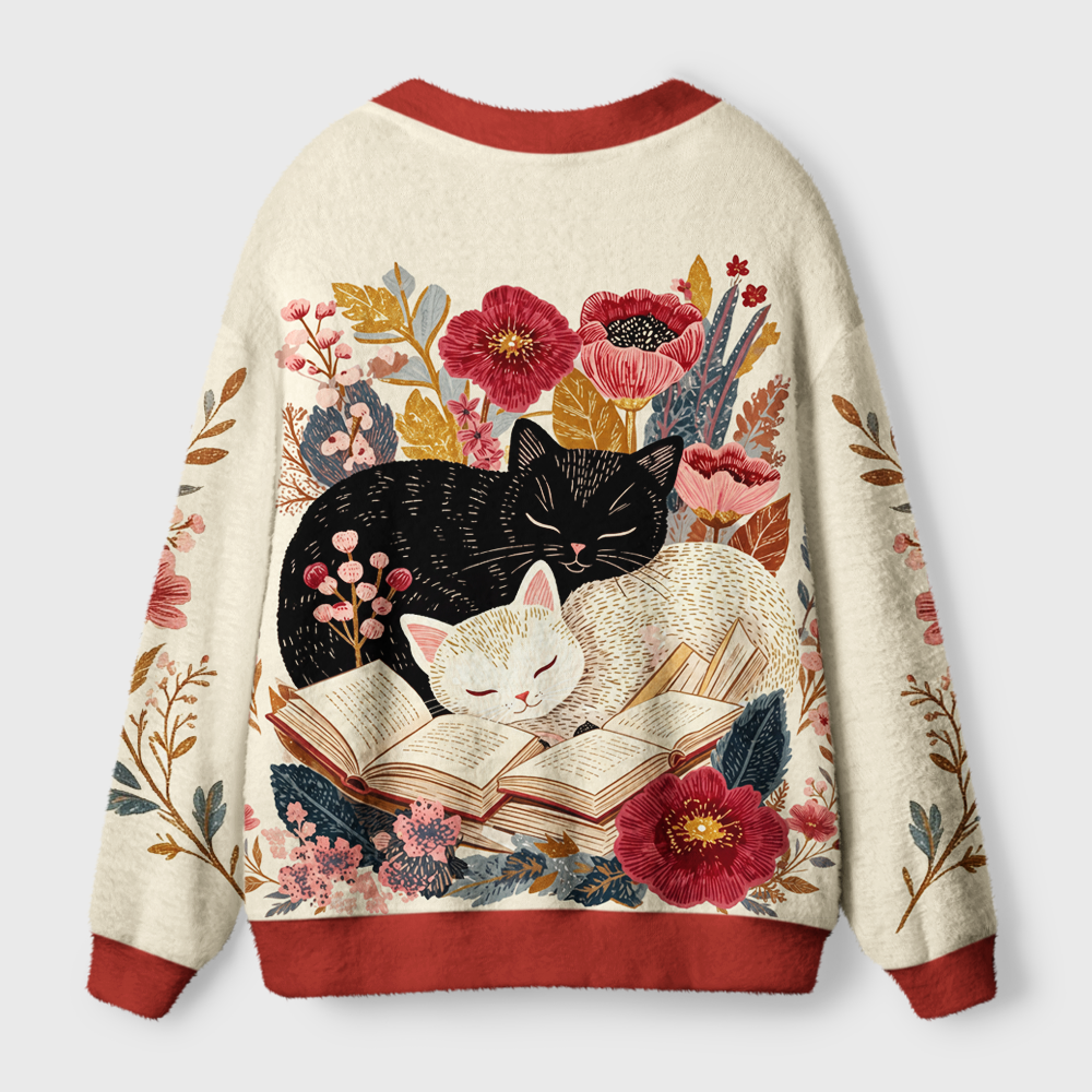 Pagewings Cat Book Lover Light Knit Unisex Cardigan Sweaters