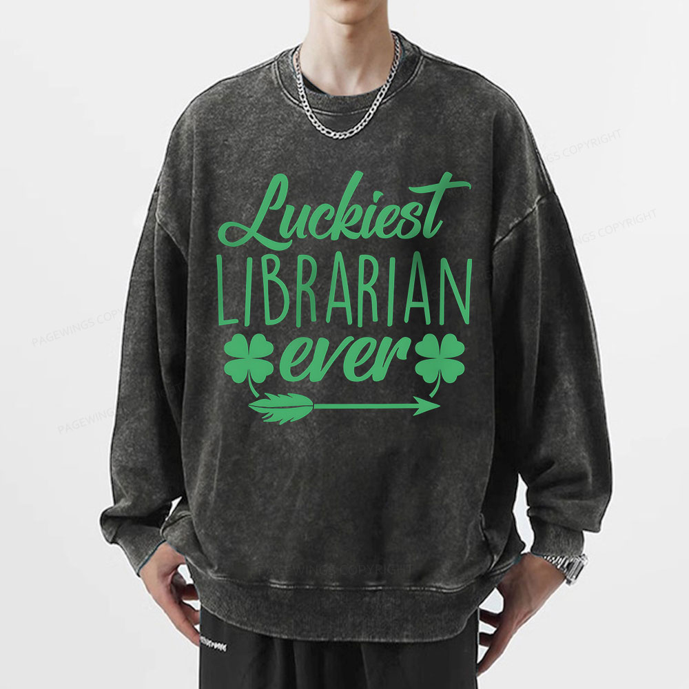 Pagewings Luckiest Librarian Unisex Washed Sweatshirt