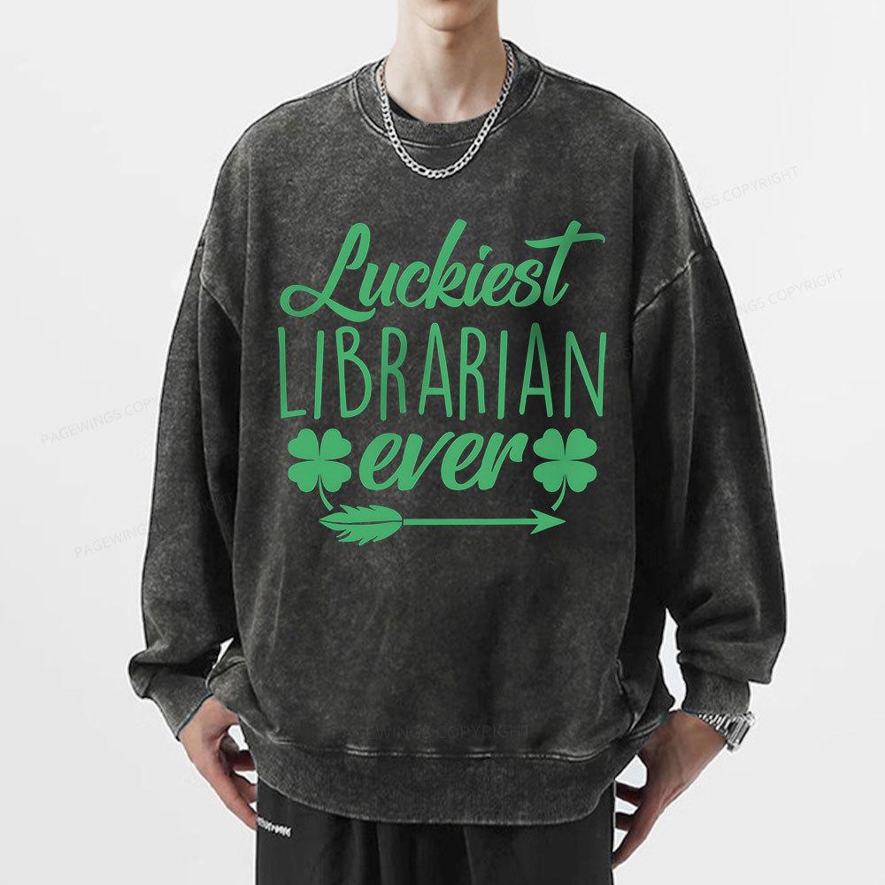 Pagewings Luckiest Librarian Unisex Washed Sweatshirt