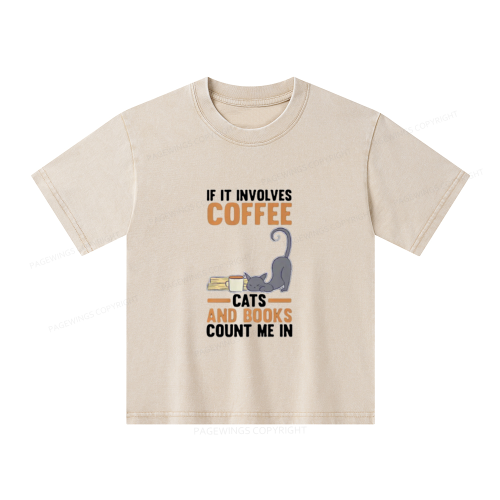 Pagewings Cats Reading Books Coffee T Shirts Unisex Kids Washed T-shirt