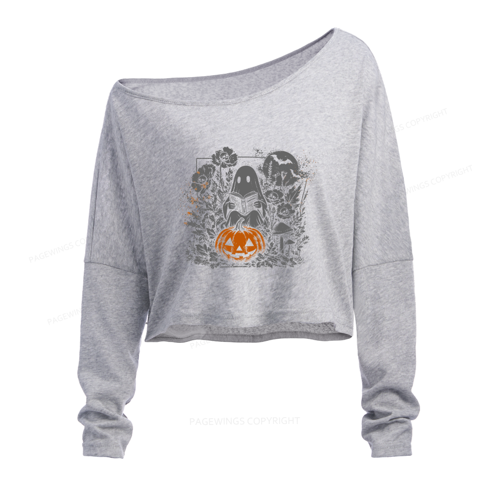 Pagewings Halloween Fall Ghost Slouchy Long Sleeve Off Shoulder T-shirt