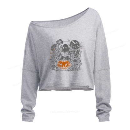 Pagewings Halloween Fall Ghost Slouchy Long Sleeve Off Shoulder T-shirt