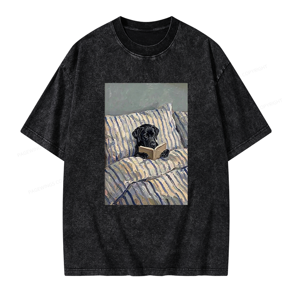 Pagewings Dog Reading in Bed Unisex Washed T-shirt