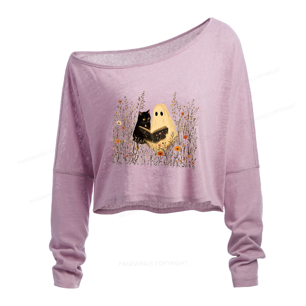 Pagewings Ghost Black Cat Reading Slouchy Long Sleeve Off Shoulder T-shirt