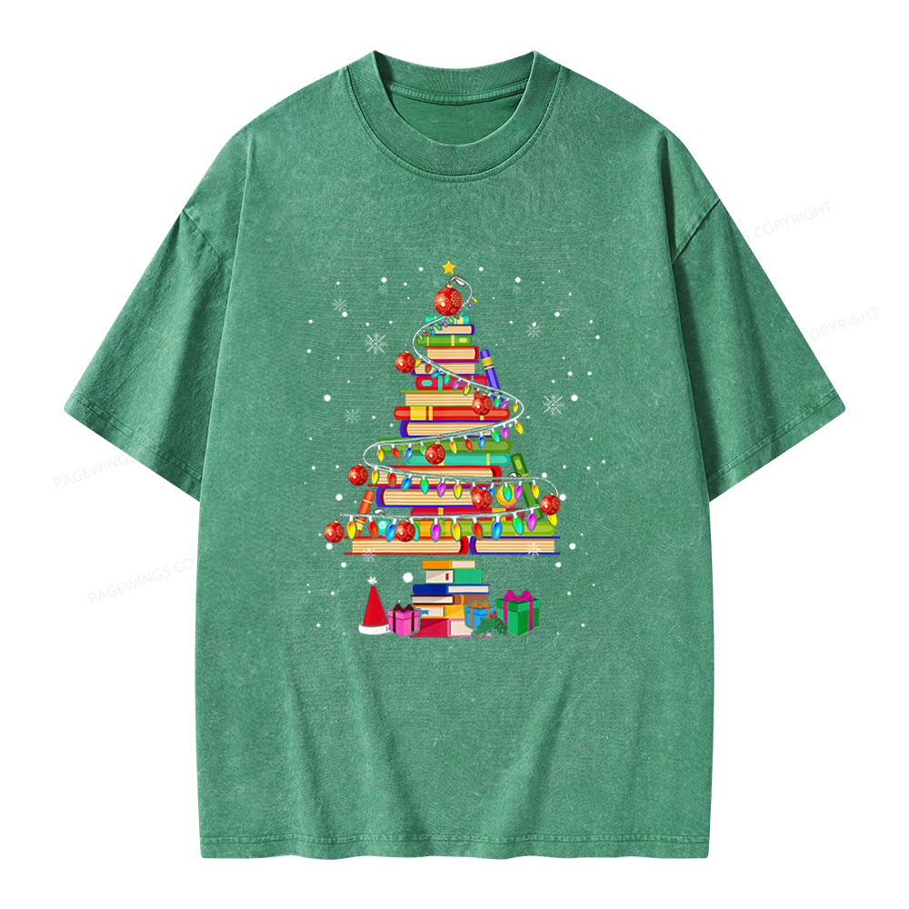 Pagewings Merry Christmas Library Tree Unisex Washed T-shirt