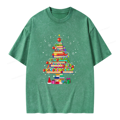 Pagewings Merry Christmas Library Tree Unisex Washed T-shirt