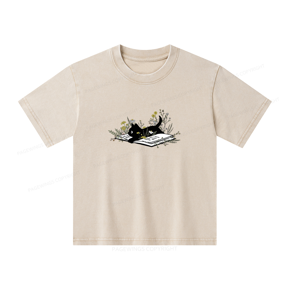 Pagewings Cute Book Cat Unisex Kids Washed T-shirt