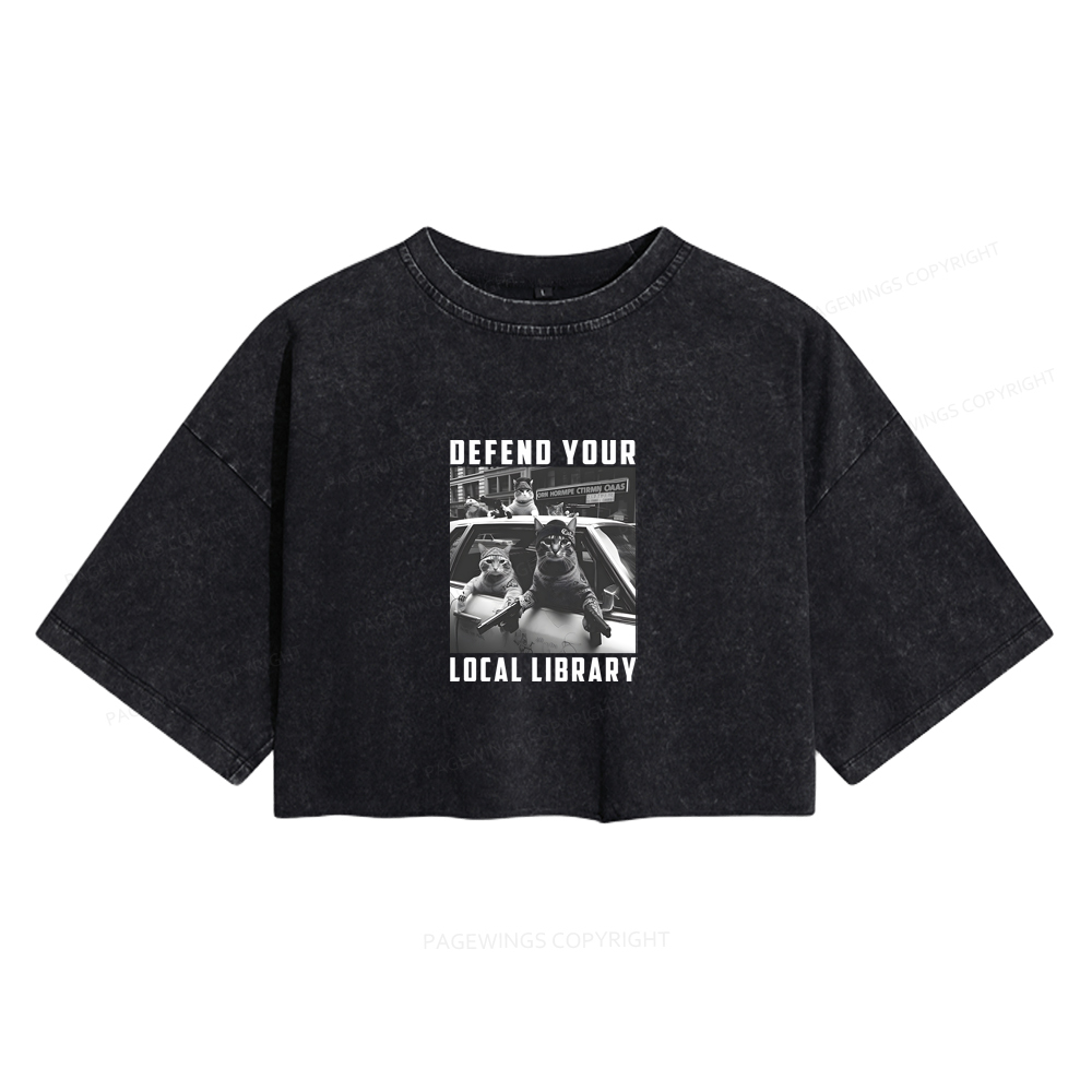 Pagewings Defend Your Local Library Women's Washed Cropped T-shirt