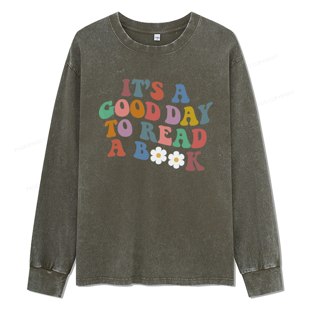 Pagewings It's A Good Day To Read A Book Unisex Washed Long Sleeve T-shirt
