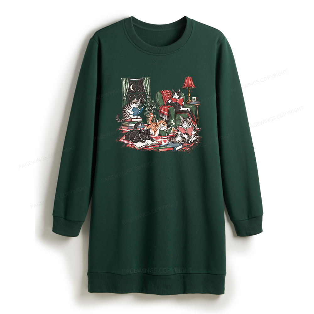 Pagewings Cats Reading Books Sweatshirt Dress