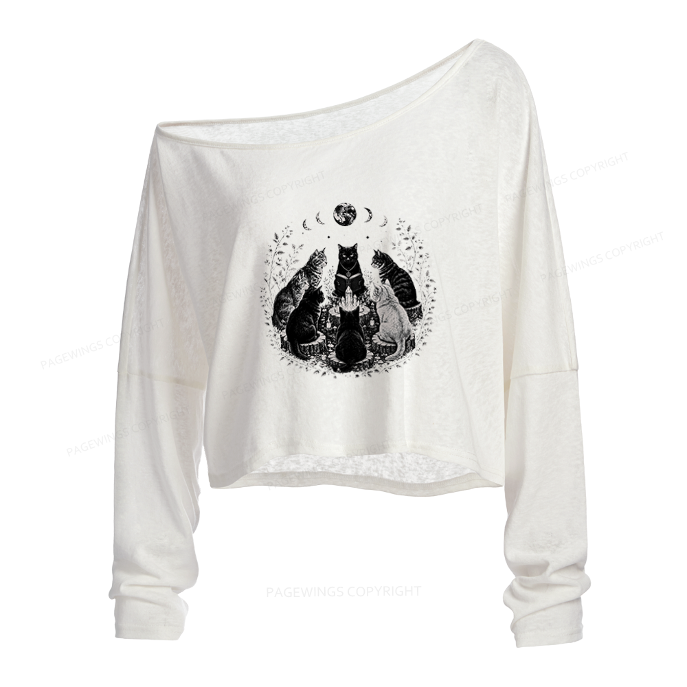 Pagewings Mystical Black Cat Slouchy Long Sleeve Off Shoulder T-shirt