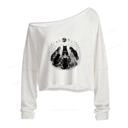 Pagewings Mystical Black Cat Slouchy Long Sleeve Off Shoulder T-shirt
