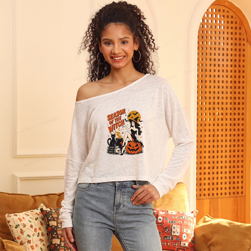 Pagewings Season Of The Witch Slouchy Long Sleeve Off Shoulder T-shirt