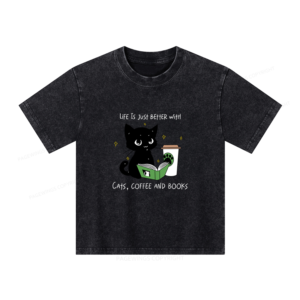 Pagewings Cats Coffee And Books Unisex Kids Washed T-shirt