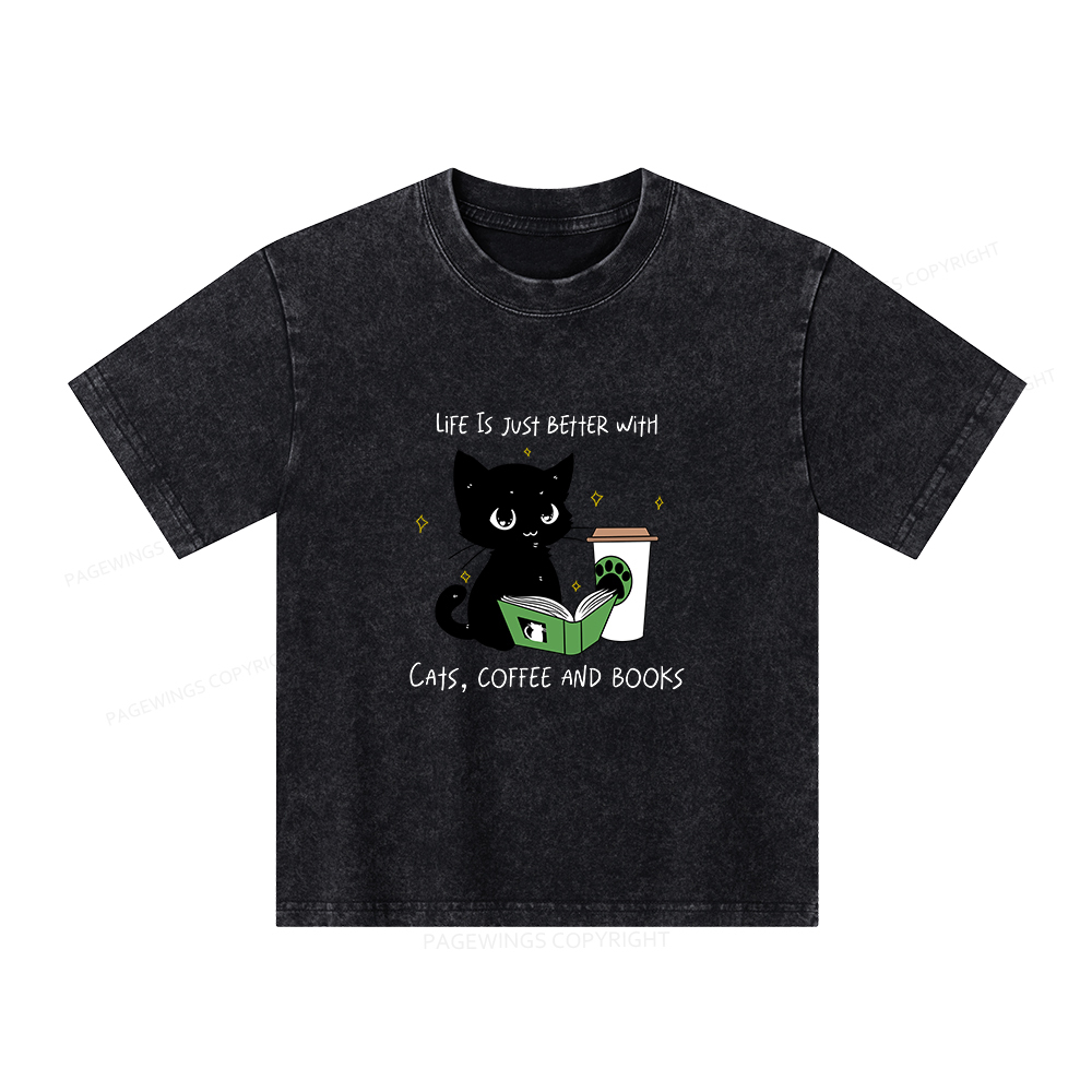 Pagewings Cats Coffee And Books Unisex Kids Washed T-shirt