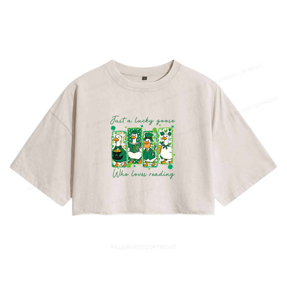 Pagewings St Patrick’s Day Just A Lucky Goose Who Loves Reading Women's Washed Cropped T-shirt