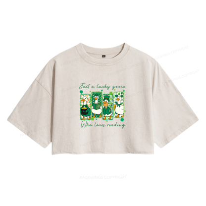 Pagewings St Patrick’s Day Just A Lucky Goose Who Loves Reading Women's Washed Cropped T-shirt