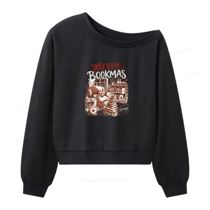 Pagewings Merry Bookmas Women Off Shoulder Sweatshirt