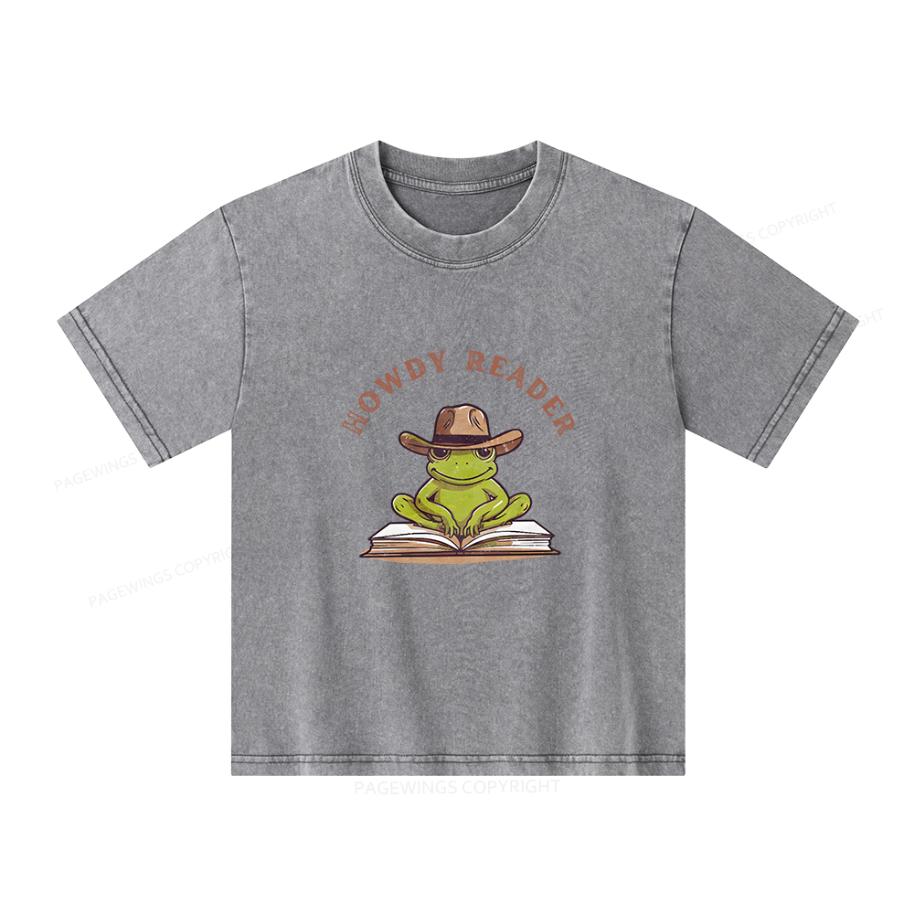 Pagewings Howdy Reader Frog Unisex Kids Washed T-shirt
