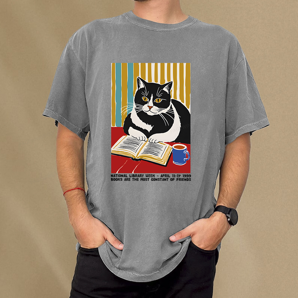 Pagewings Ational Library Week Cat Poster Unisex Washed T-shirt