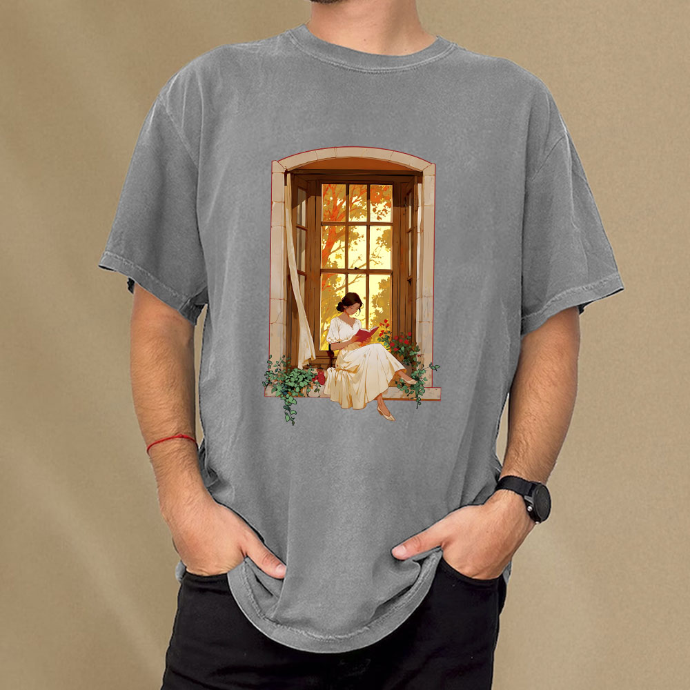Pagewings Book Lovers Reading By The Window  Unisex Washed T-shirt