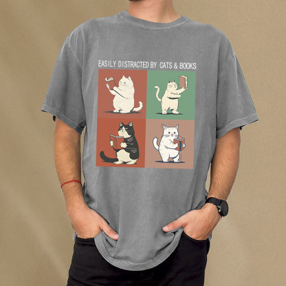 Pagewings Cute Easily Distracted by Cats Books Unisex Washed T-shirt