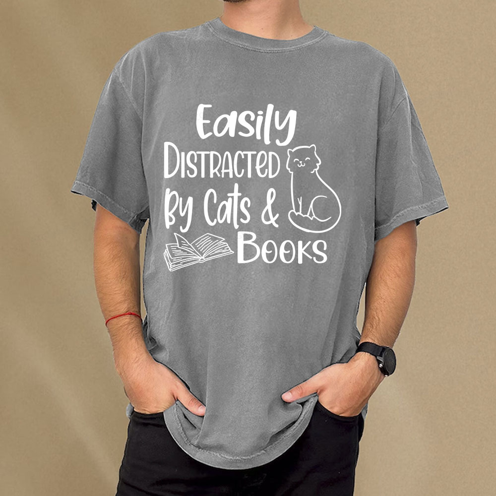 Pagewings Easily Distracted By Cats And Books Unisex Washed T-shirt