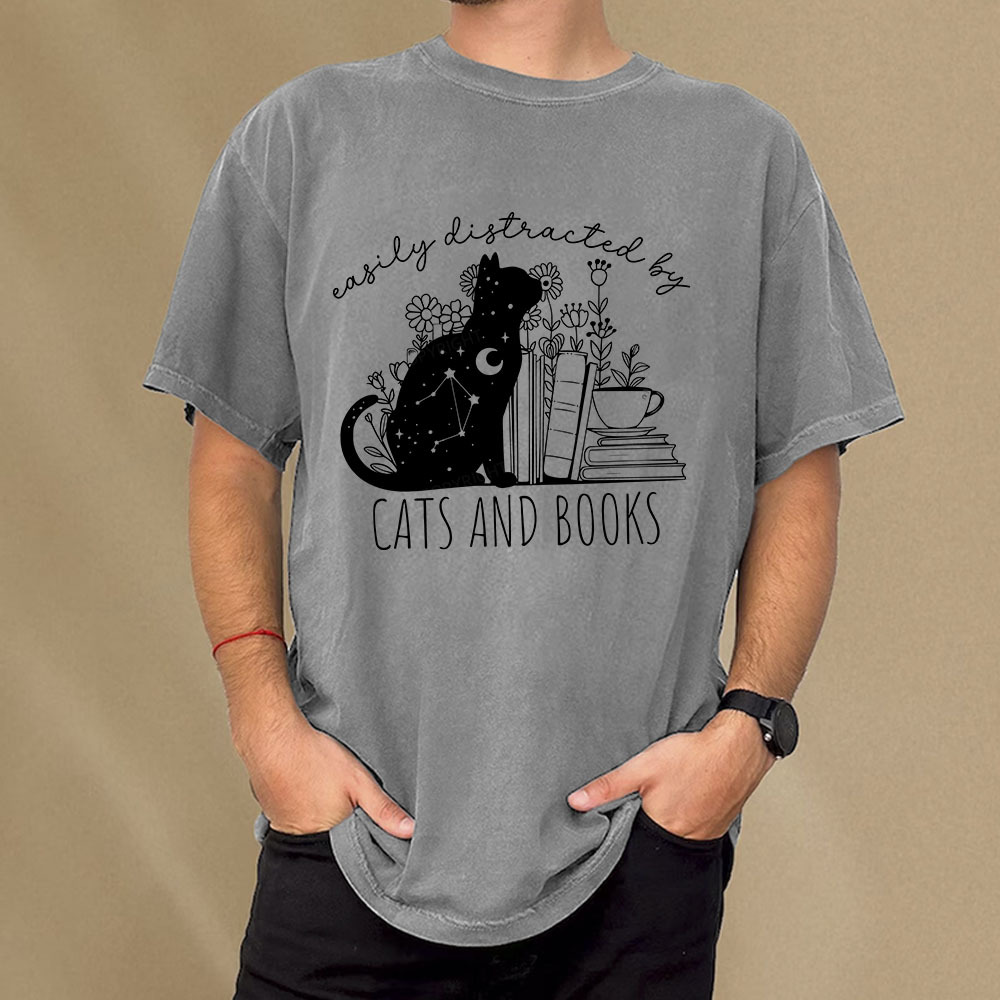 Pagewings Easily Distracted By Cats And Books Unisex Washed T-shirt