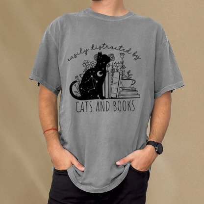 Pagewings Easily Distracted By Cats And Books Unisex Washed T-shirt