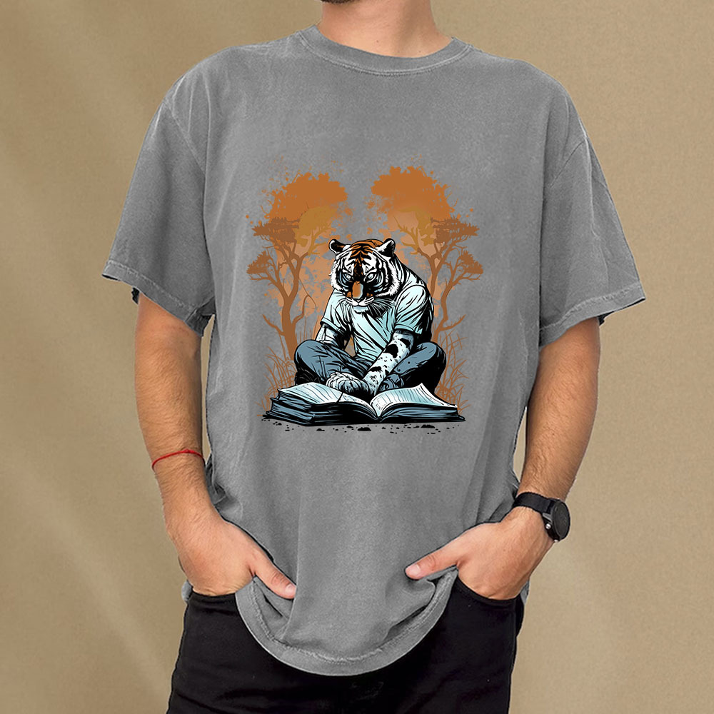 Pagewings Tiger Reading A Book Unisex Washed T-shirt